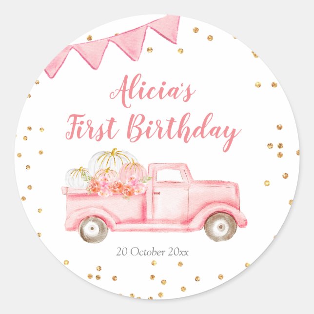 Étiquette d'anniversaire du camion Citrouille rose (Devant)