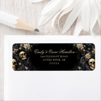 Étiquette Dark Gothic Floral Skull Gold Adresse de retour