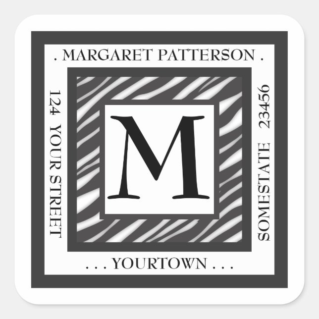 Étiquette de adresse Carré de monogramme noir et b (Devant)