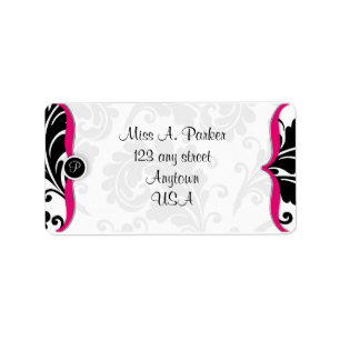 Étiquette de adresse chaud rose et noir damassé