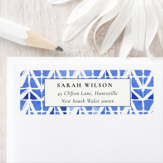 ÉTIQUETTE DE ADRESSE CHEVRON BLEU INDIGO WATERCOLO (En situation)
