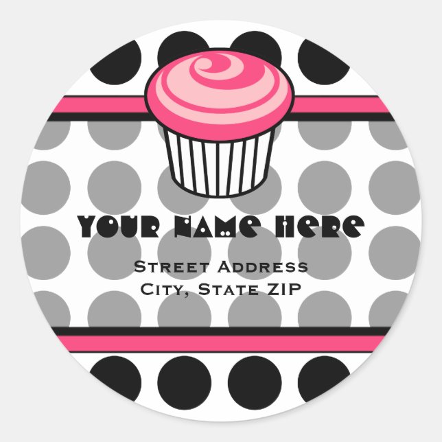 Étiquette de adresse Cupcake Rose - Pointe Polka N (Devant)