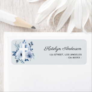 Étiquette de adresse de baptême floral bleu poussi