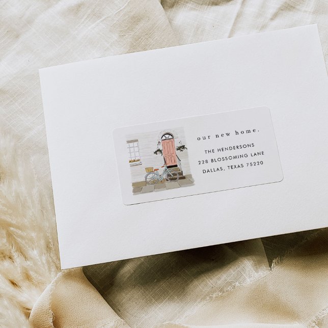 Étiquette de adresse de déplacement de porte rose (Pink door illustration new home moving announcement return address labels.)