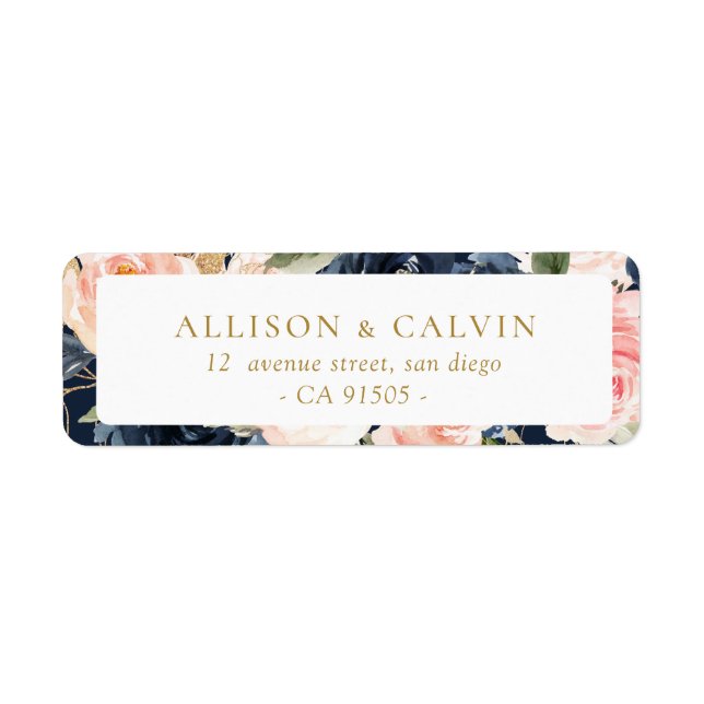 Étiquette de adresse de mariage floral et bleu mar (Devant)