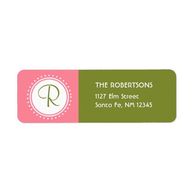 Étiquette de adresse de monogramme rose et vert (Devant)