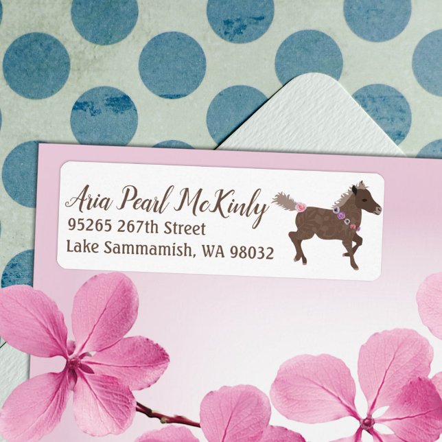 Étiquette de adresse Galloping Brown Pony Pink Flo (pink and brown galloping pony return address label mailing sticker girls birthday party invitation)