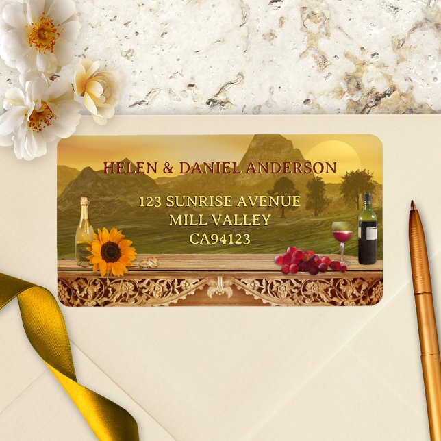Étiquette de adresse Mariage de automne Vignoble i (Wedding address label featuring a painting of a Tuscan Italian landscape with wine and grapes)