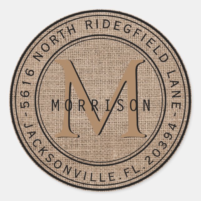 Étiquette de adresse monogramme à Tan Burlap (Devant)