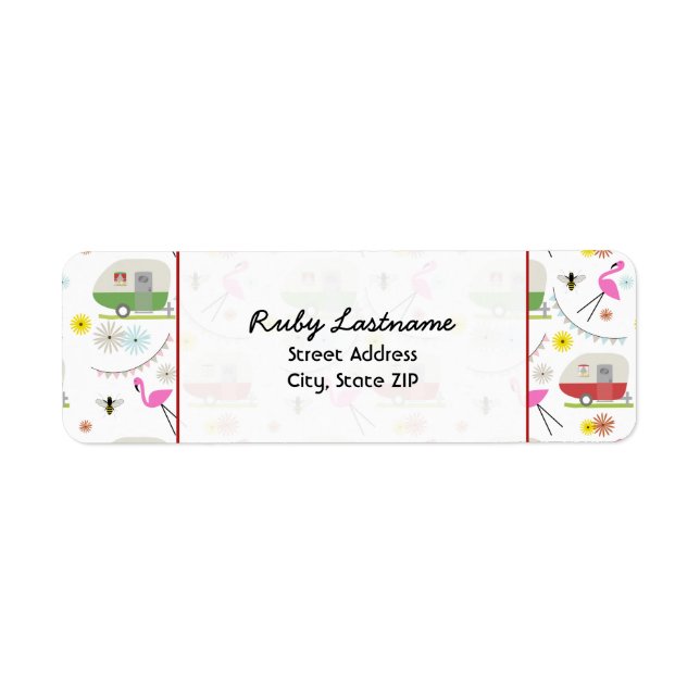 Étiquette de adresse Rétro Trailers & Flamants ros (Devant)