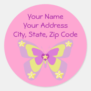 Étiquette de adresse rose et jaune de papillon