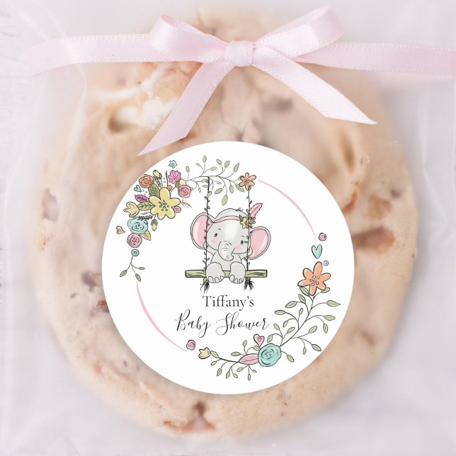Étiquette de Baby Shower Adorable avec Eléphant Fl (Créateur téléchargé)