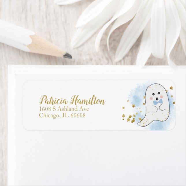 Étiquette de Baby Shower Halloween pour un Bébé Fa (En situation)