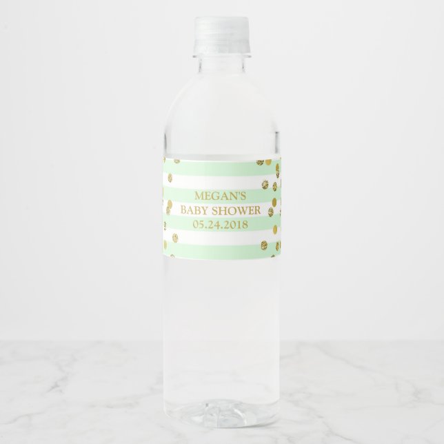 Étiquette de Baby shower Mint Stripes Gold Confett (Devant)