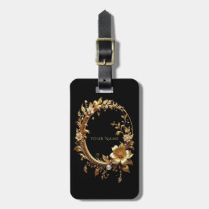 Étiquette de bagage à cadre orné floral doré