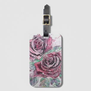 Étiquette de bagage à fleurs de rose rouge aquarel