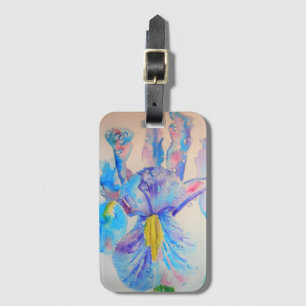 Étiquette de bagage à fleurs d'iris bleues aquarel