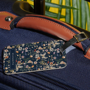 Étiquette de bagage à fleurs monogramme bleu marin