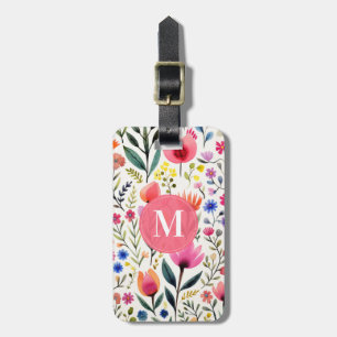 Étiquette de bagage à fond floral d'art populaire