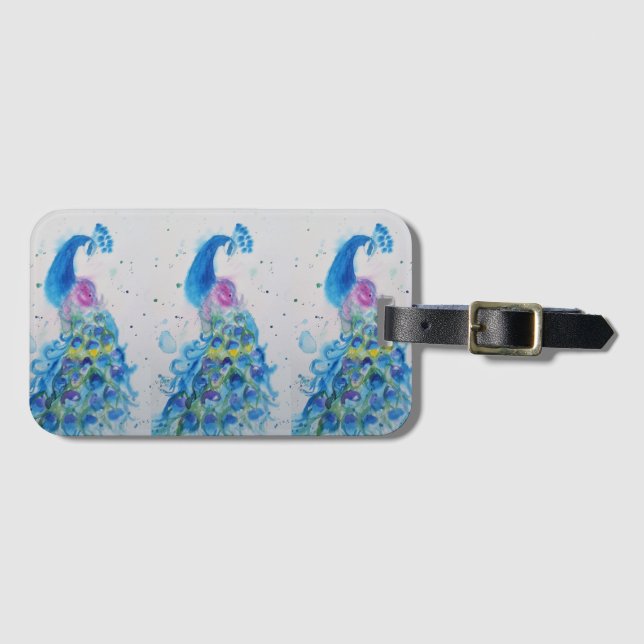 Étiquette de bagage à l'aquarelle d'oiseau paon bl (Devant Horizontal)