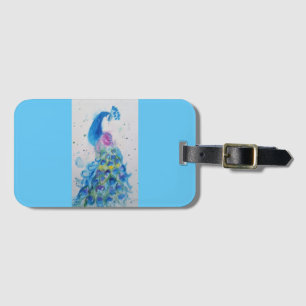Étiquette de bagage à l'aquarelle oiseau paon bleu