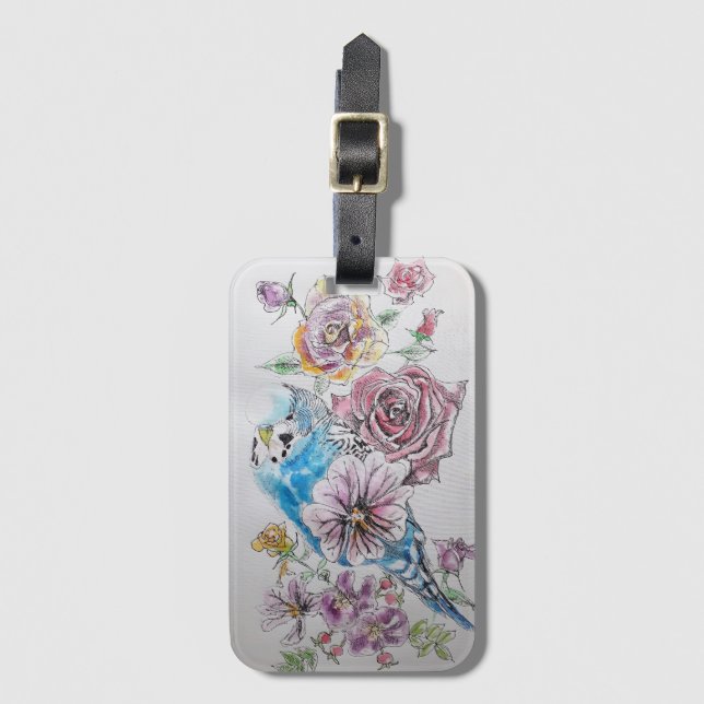 Étiquette de bagage à motif floral aquarelle Budgi (Devant Vertical)