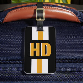 Étiquette de bagage à rayures noir et or Monogramm