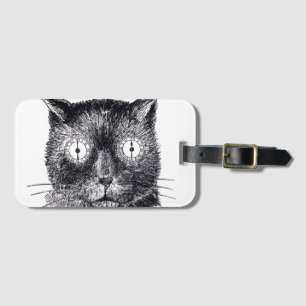 Étiquette de bagage à visage de chat rétro noir et