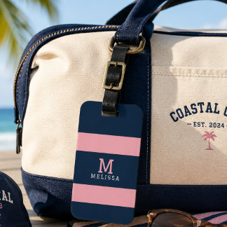 Étiquette de bagage rose marine moderne à rayures