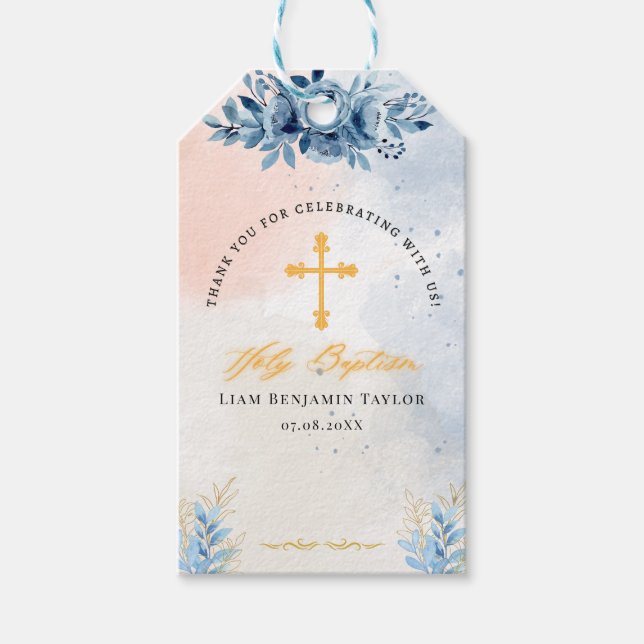 Étiquette de baptême pour garçon avec fleurs à l'a (Devant)