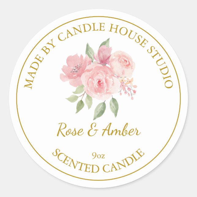 Étiquette de bougie Rose maison en or | Blanc (Devant)