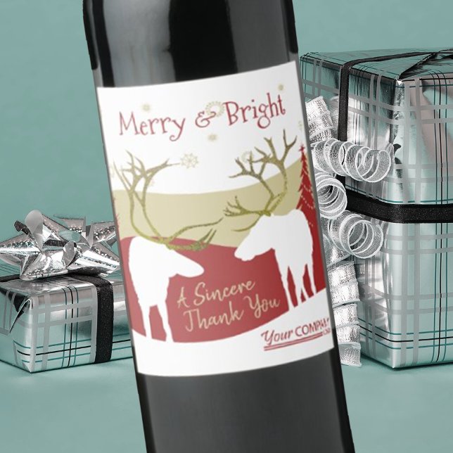 Étiquette de bouteille de vacances Burgundy Merry  (company Christmas logo wine labels, corporate holiday stickers, rustic elk antlers red burgundy gold)