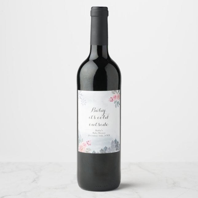 Étiquette de bouteille de vin de Noël rose d'hiver (Devant)