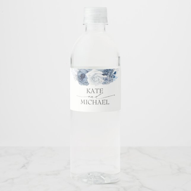 Étiquette de bouteille d'eau bleu floral de la mar (Devant)