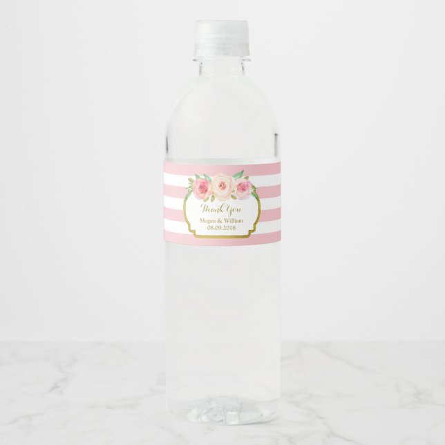 Étiquette de bouteille d'eau d'or fleuri rose clai (Devant)