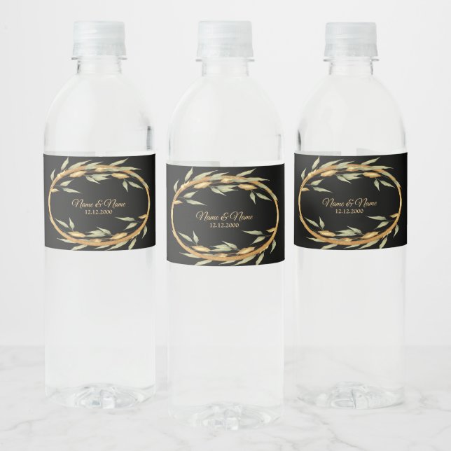 Étiquette de bouteille d'eau Feuilles d'or noir (Bouteilles)