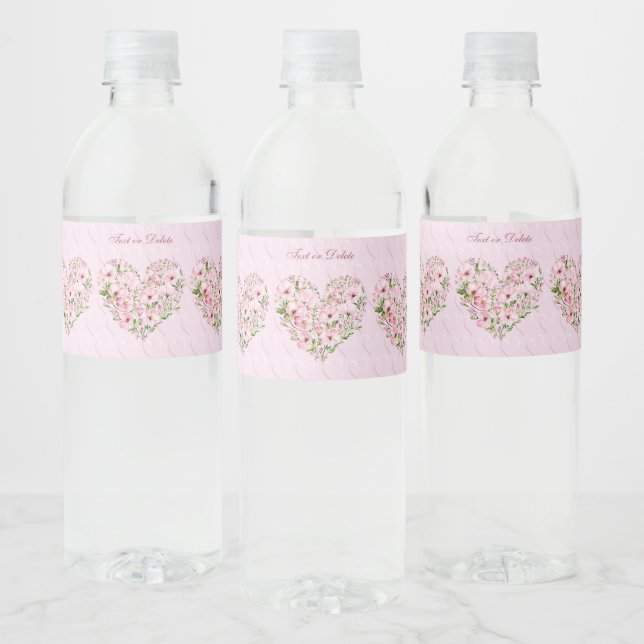 Étiquette de bouteille d'eau fleurie de coeur rose (Bouteilles)