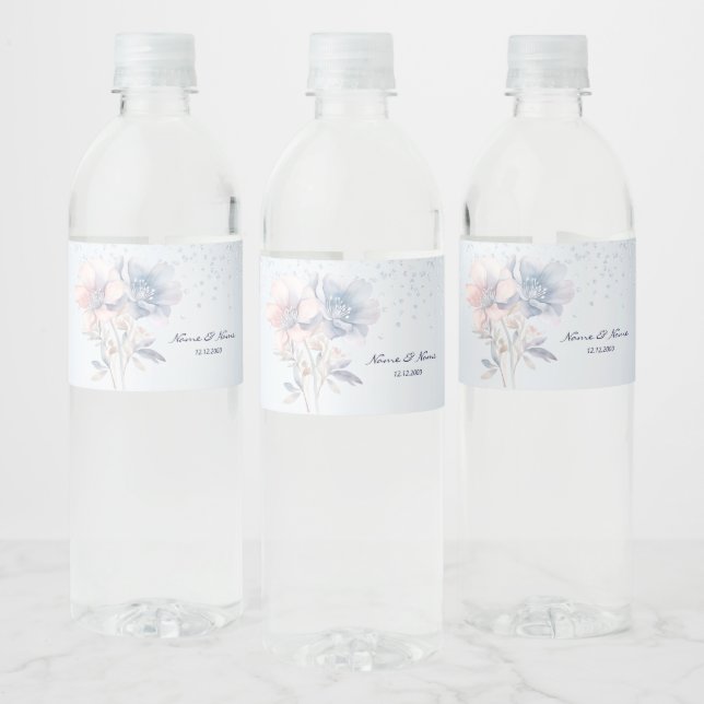 Étiquette de bouteille d'eau Fleurs Roses Bleues (Bouteilles)