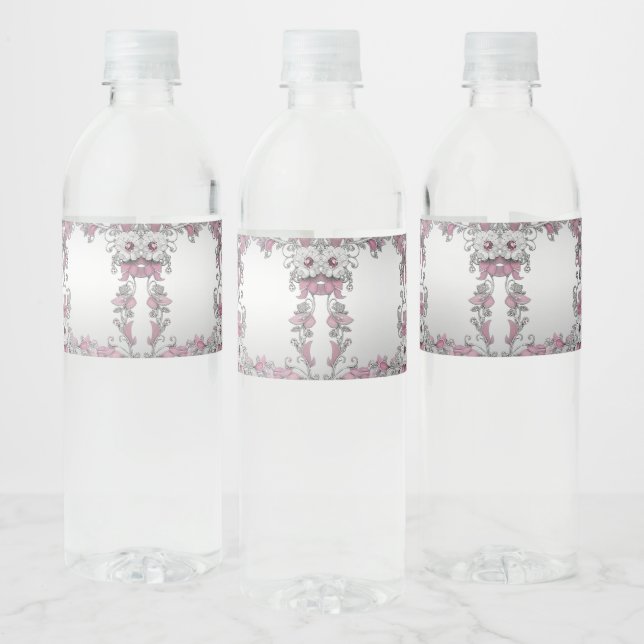 Étiquette de bouteille d'eau rose blanc argenté (Bouteilles)
