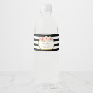 Étiquette de bouteille d'eau rose Floral or noir
