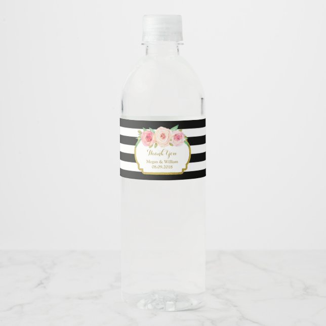 Étiquette de bouteille d'eau rose Floral or noir (Devant)