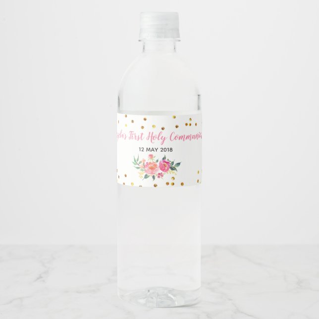 Étiquette de bouteille d'eau rose or chic Floral (Devant)
