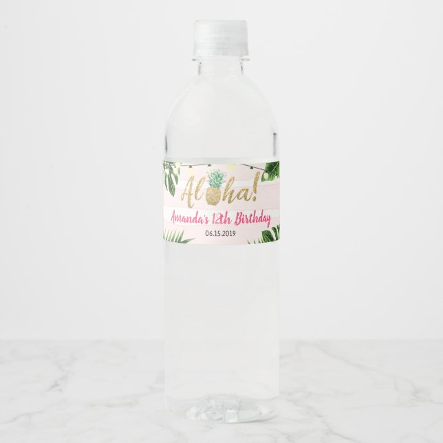 Étiquette de bouteille d'eau rose tropicale (Devant)