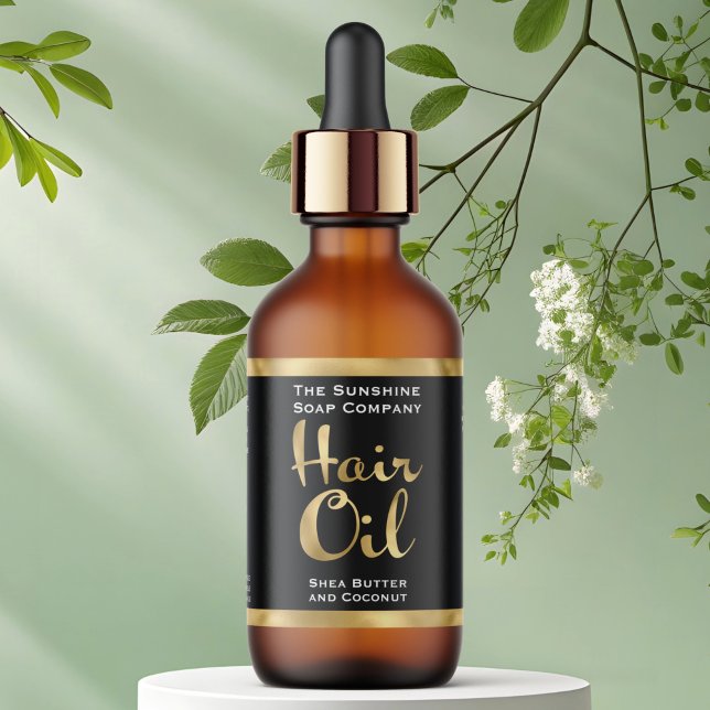 Étiquette de bouteille d'huile de cheveux noir et  (Créateur téléchargé)