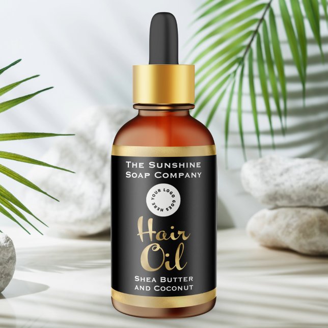 Étiquette de bouteille d'huile de cheveux noir et  (Créateur téléchargé)
