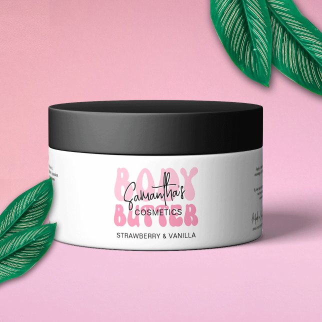 Étiquette de broyeur à beurre tendance rose rétro (Trendy pink aesthetic body butter jar wrapper label featuring retro fonts and a modern design)