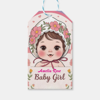 Étiquette de cadeau de baby shower rose avec fleur