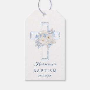 Étiquette de cadeau de baptême à croix bleue flora