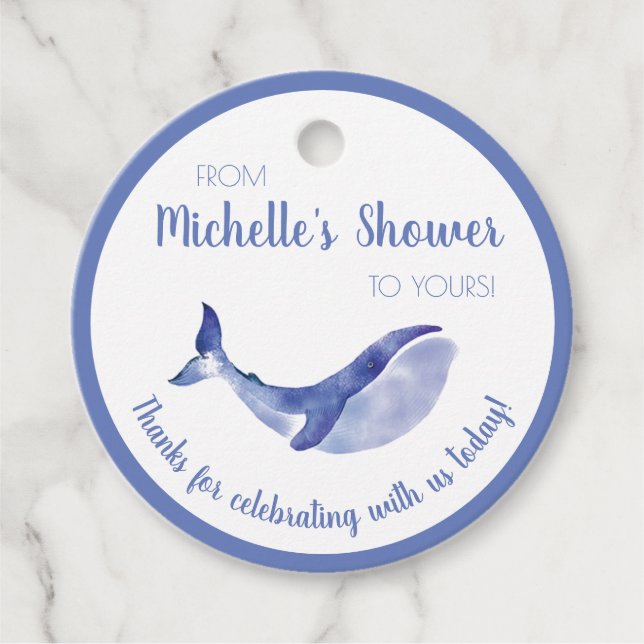 Étiquette de cadeau de douche Baleine Bleue (Devant)