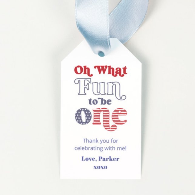 Étiquette de cadeau de fête pour 1er anniversaire  (Retro typography red white and blue 1st birthday party favor tags oh what fun to be one)